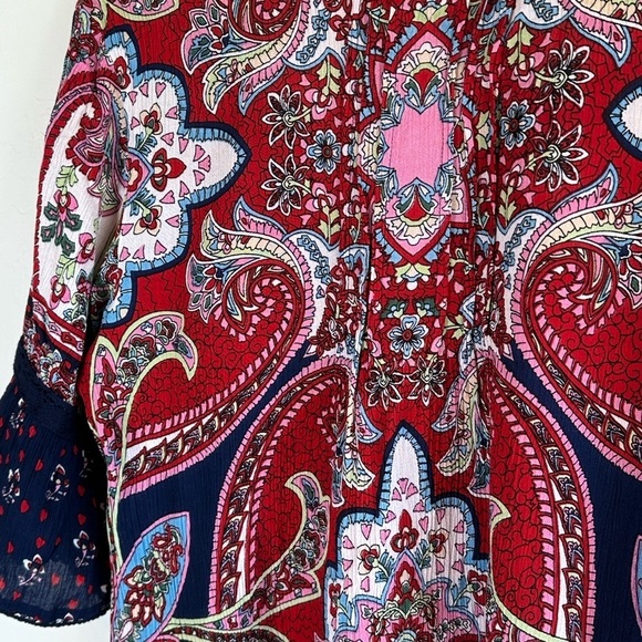 Bila Boho Navy & Pink/Red Paisley Print Blouse with Cut Out Shoulders Sz Lg - Picture 11 of 13